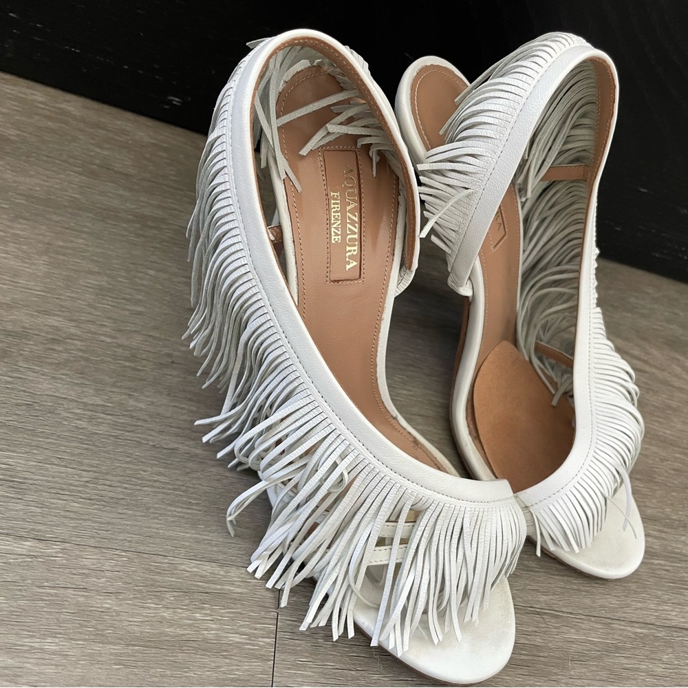 Aquazzura White Fringe Slingback Heels